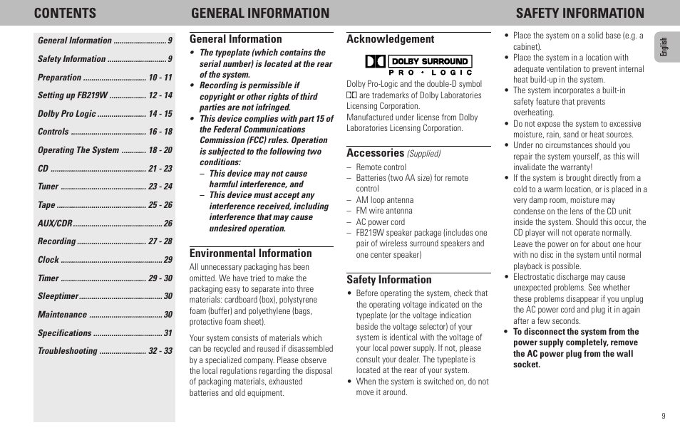 Contents general information safety information | Philips FW798W User Manual | Page 9 / 33