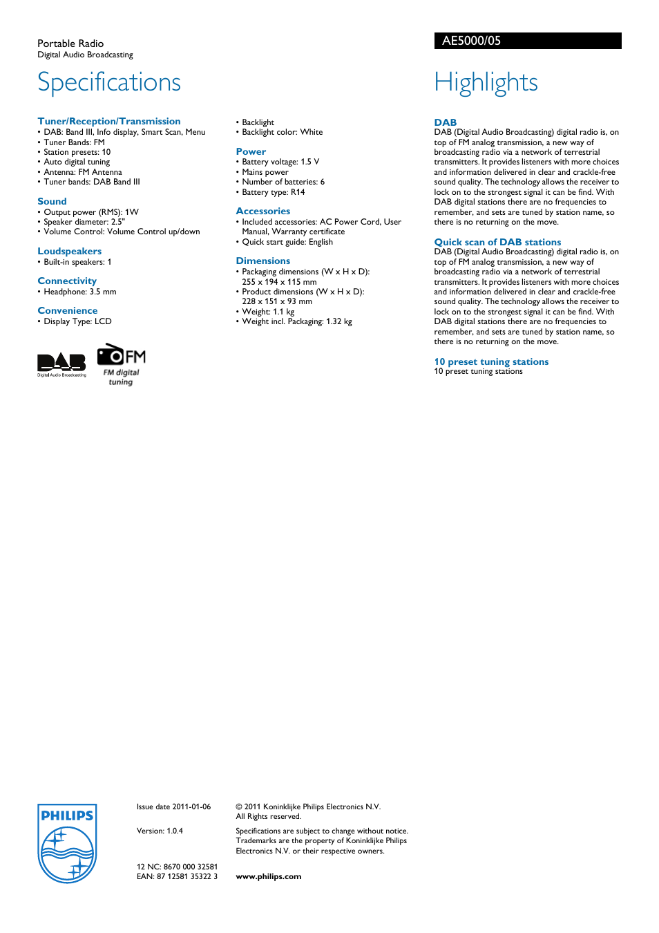 Specifications, Highlights | Philips AE5000 User Manual | Page 2 / 2