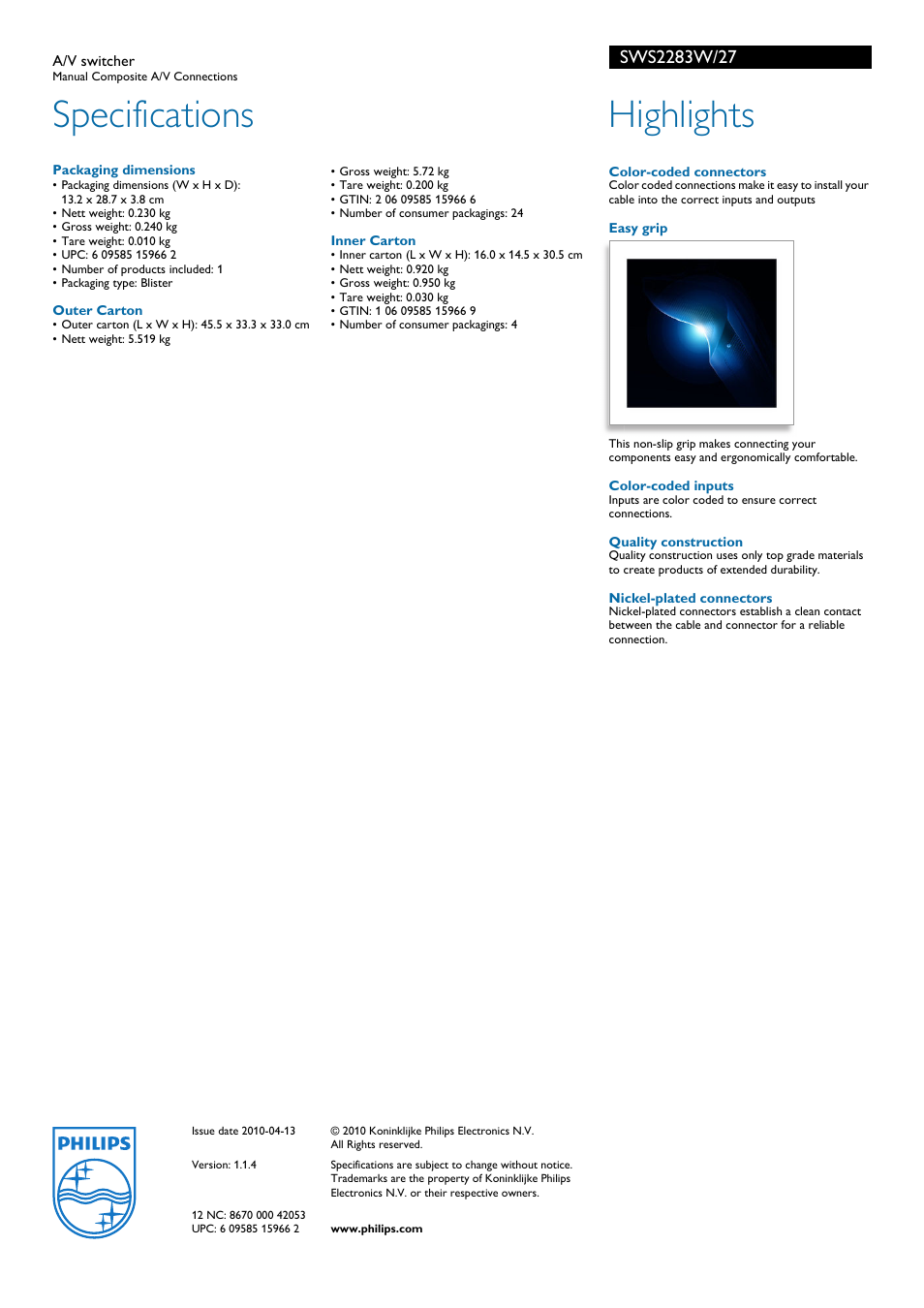 Specifications, Highlights | Philips SWS2283W User Manual | Page 2 / 2