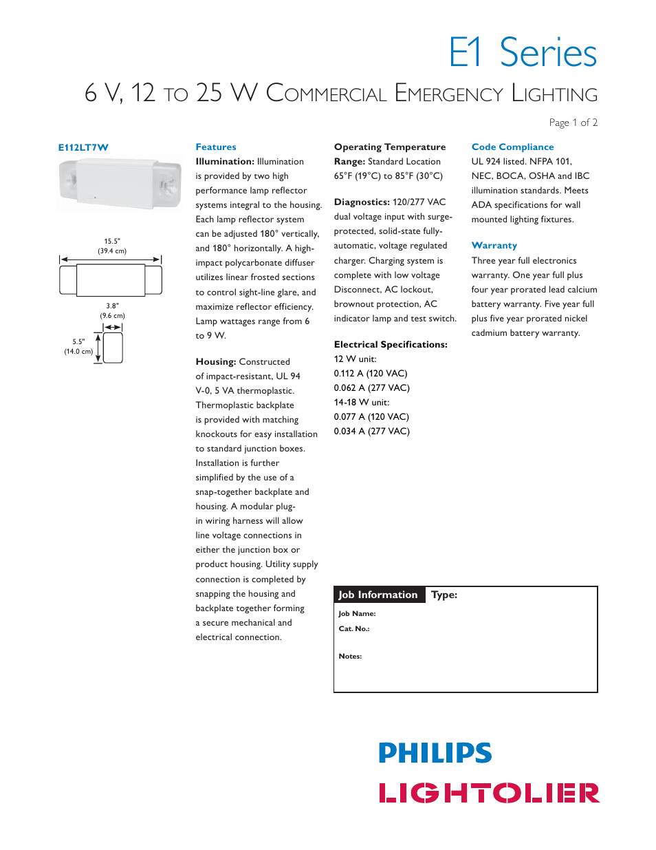 Philips Lightolier E1 Series User Manual | 2 pages