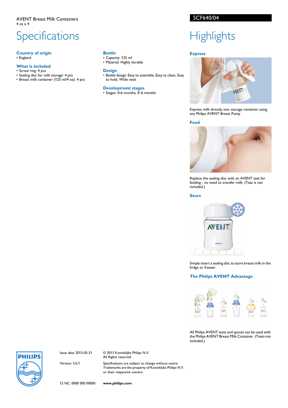 Specifications, Highlights | Philips Avent SCF640/04 User Manual | Page 2 / 2