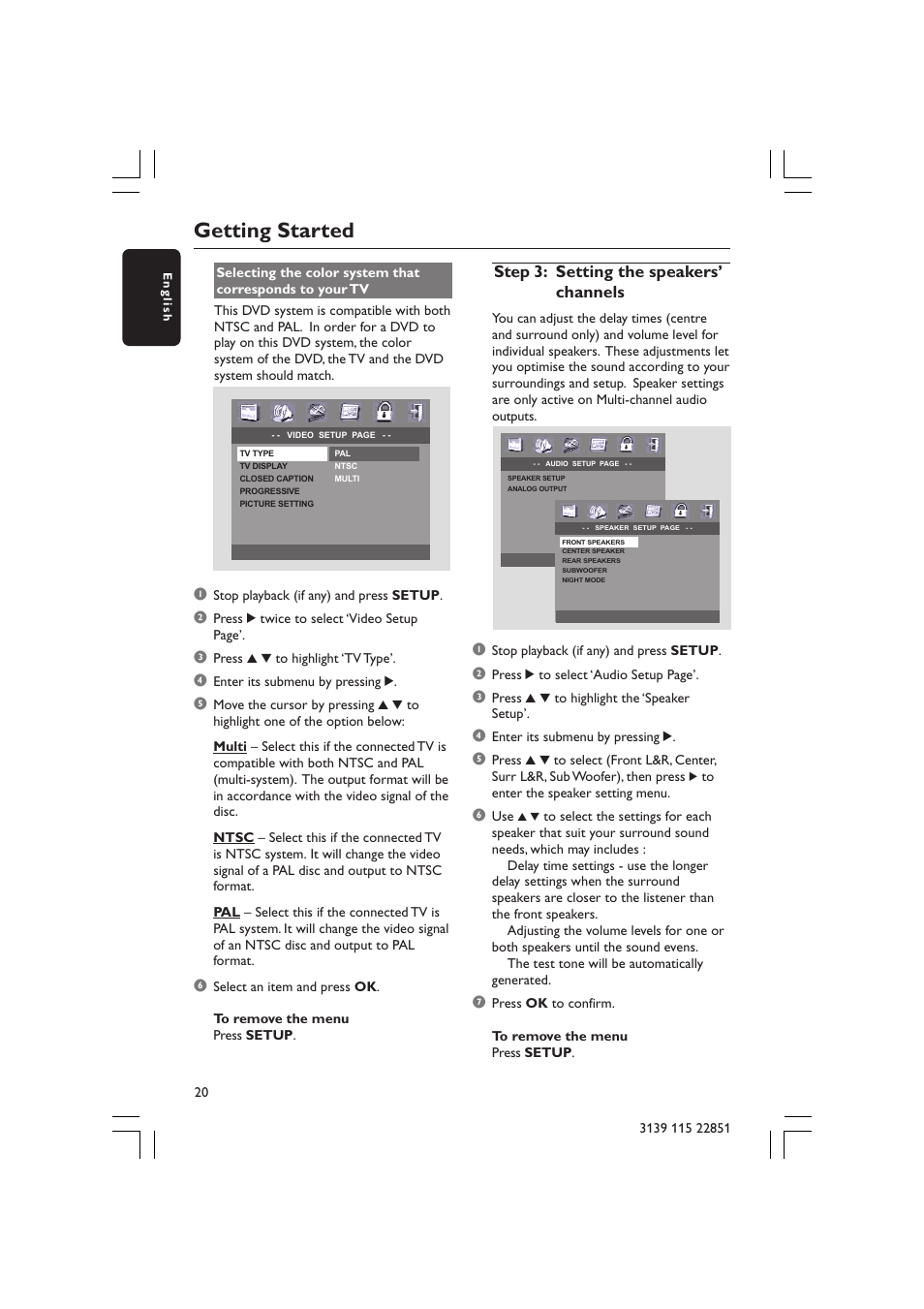 Getting started, Step 3: setting the speakers’ channels | Philips LX3600 User Manual | Page 20 / 46