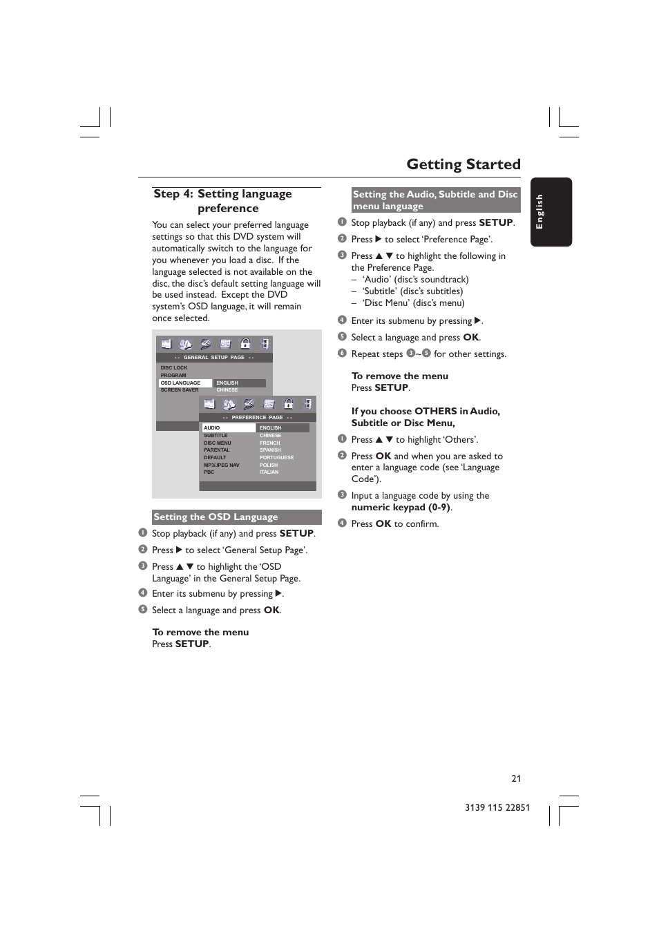 Getting started, Step 4: setting language preference | Philips LX3600 User Manual | Page 21 / 46