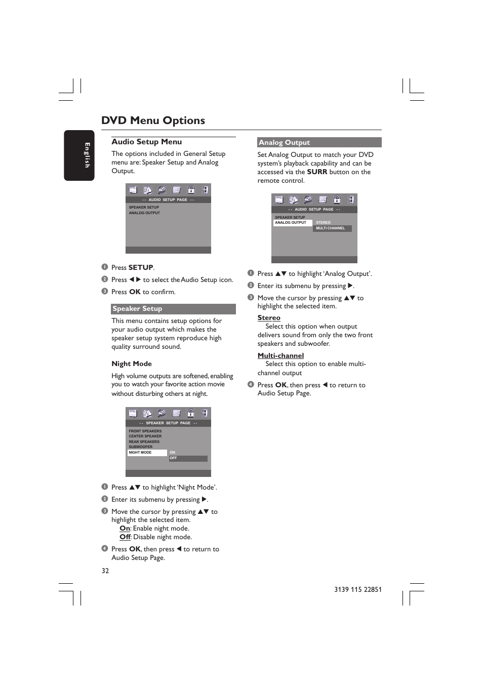 Dvd menu options, Audio setup menu | Philips LX3600 User Manual | Page 32 / 46