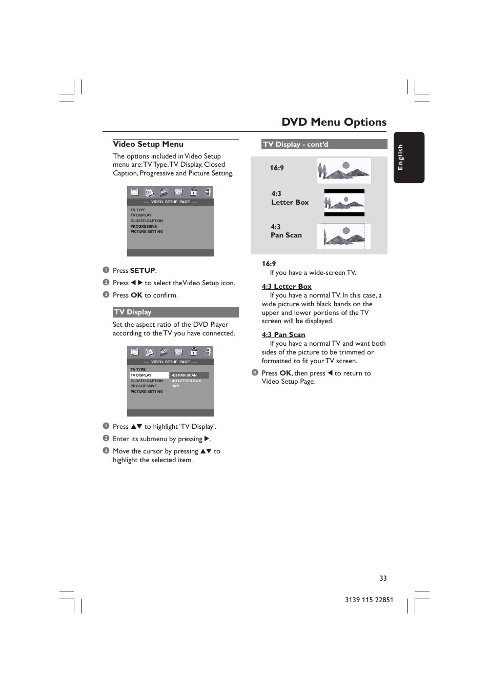 Dvd menu options, Video setup menu | Philips LX3600 User Manual | Page 33 / 46