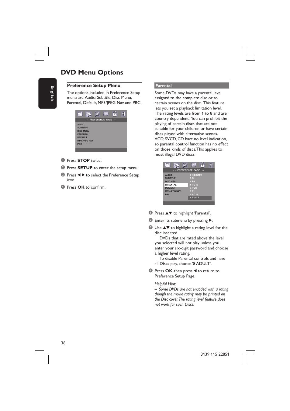 Dvd menu options, Preference setup menu | Philips LX3600 User Manual | Page 36 / 46