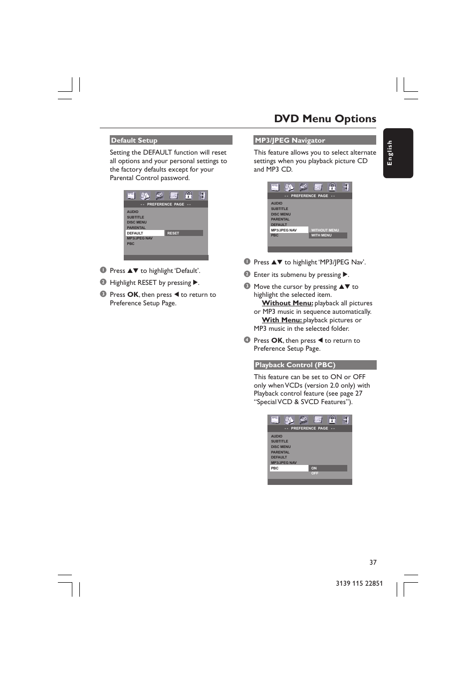 Dvd menu options, Press 34 to highlight ‘default, Highlight reset by pressing 2 | Press 34 to highlight ‘mp3/jpeg nav, Enter its submenu by pressing 2 | Philips LX3600 User Manual | Page 37 / 46