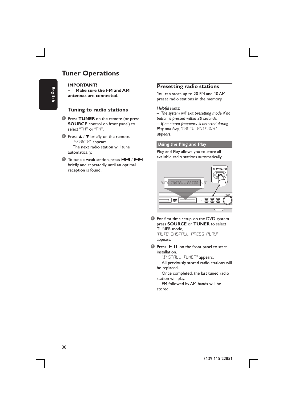 Tuner operations, Tuning to radio stations, Presetting radio stations | Philips LX3600 User Manual | Page 38 / 46