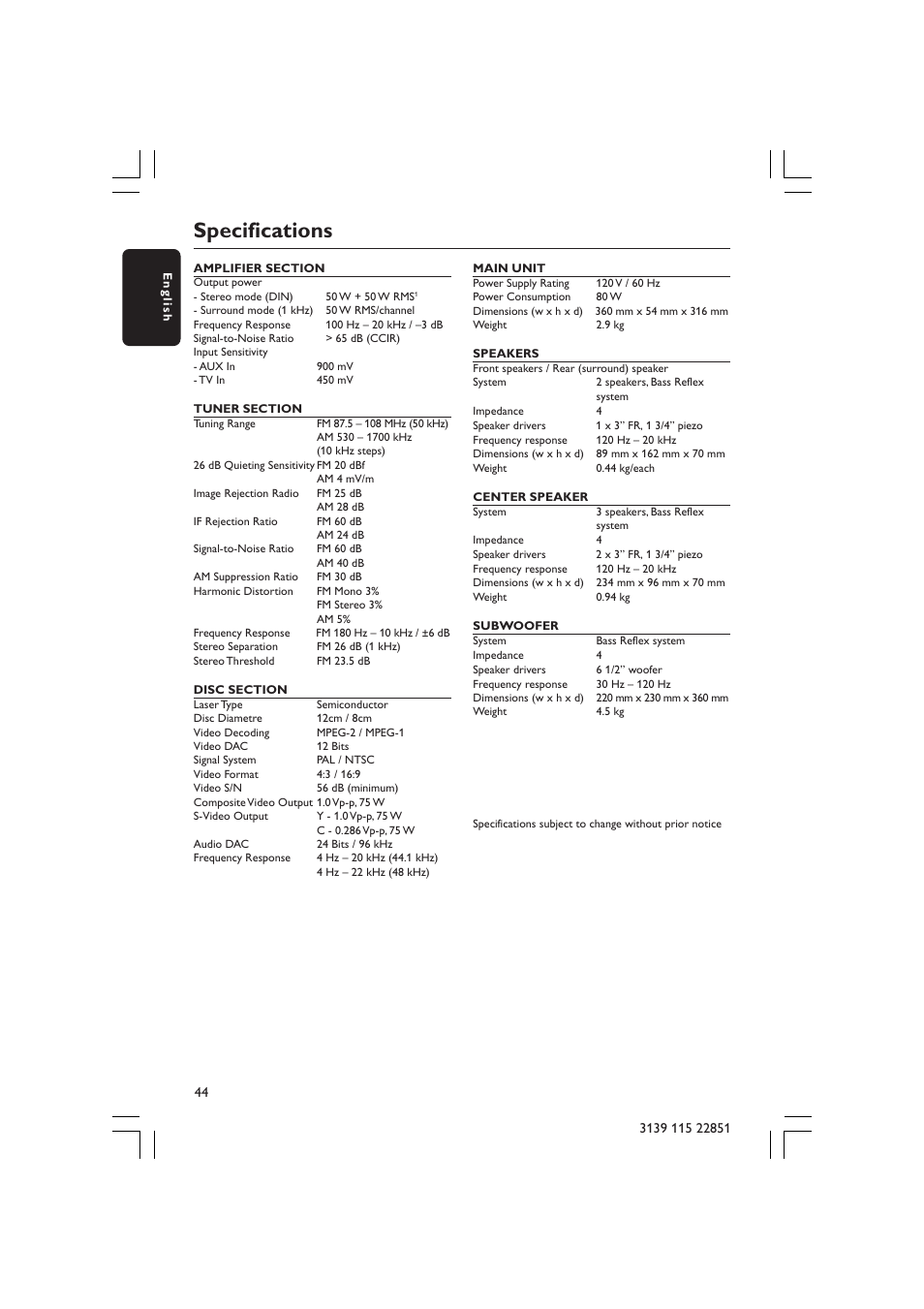 Specifications | Philips LX3600 User Manual | Page 44 / 46