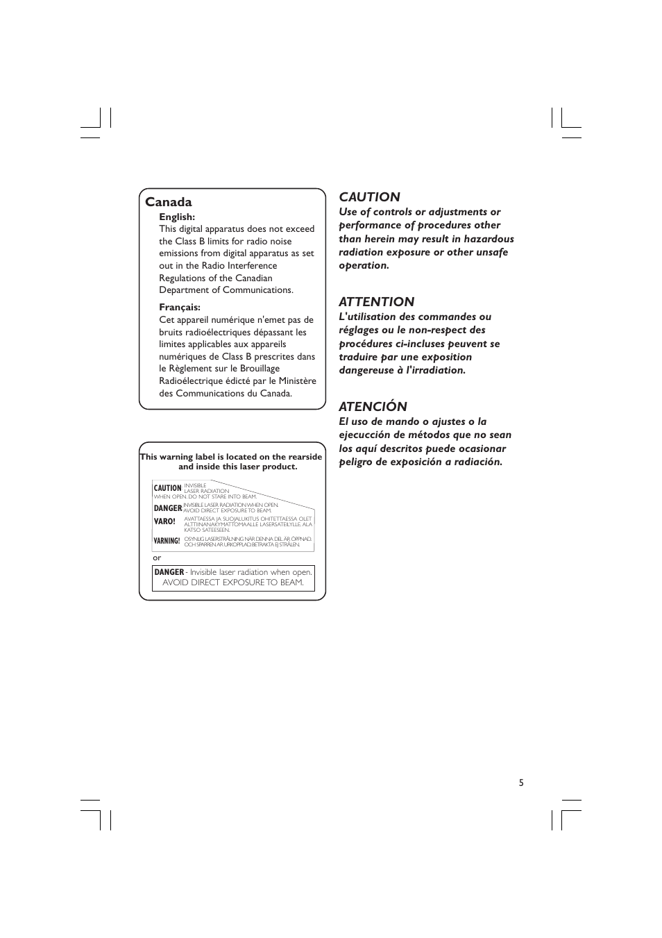 Canada, Caution, Attention | Atención | Philips LX3600 User Manual | Page 5 / 46