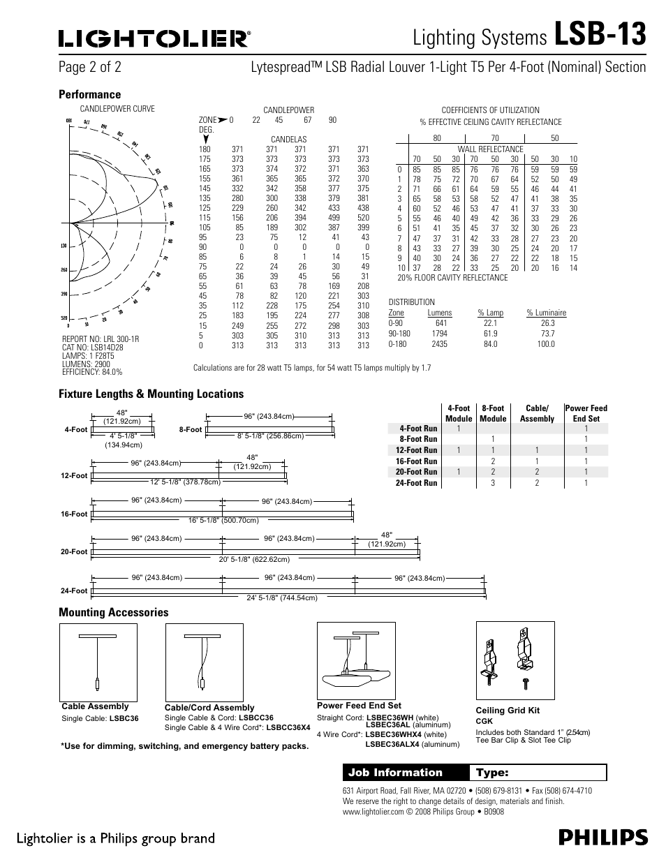 Lsb-13, Lighting systems, Performance | Fixture lengths & mounting locations, Mounting accessories | Philips Lightolier LSB-13 User Manual | Page 2 / 2