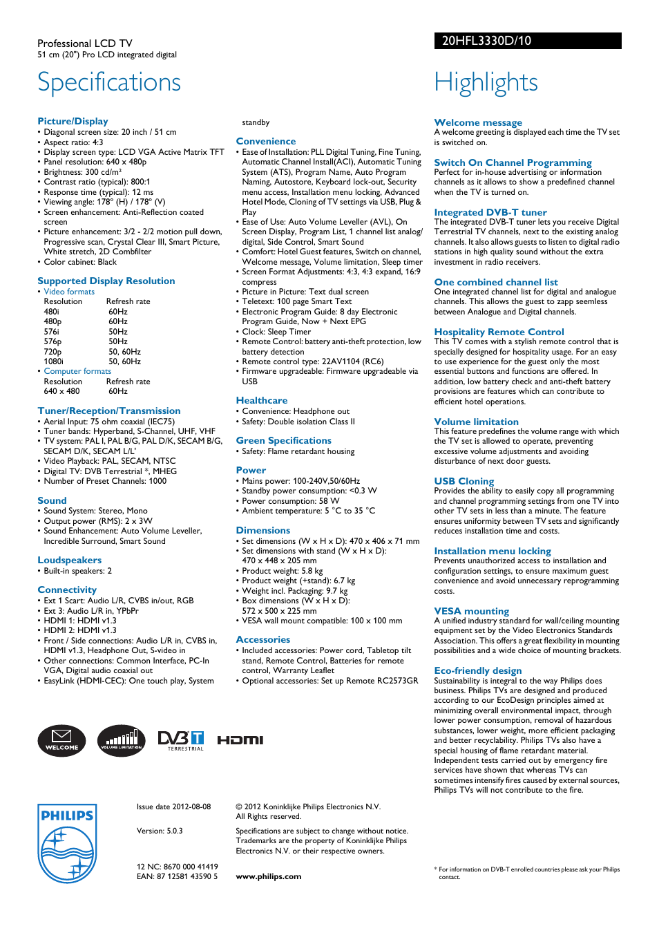 Specifications, Highlights | Philips 20HFL3330D User Manual | Page 2 / 2