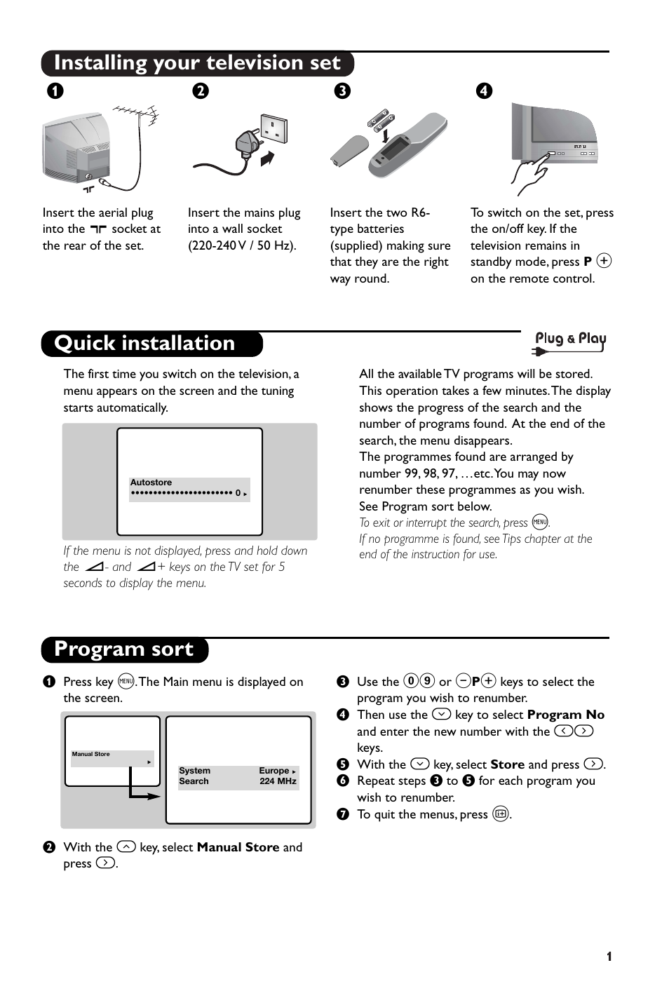 Installing your television set, Quick installation program sort, Жв к | Philips 14PT1346/05 User Manual | Page 3 / 8