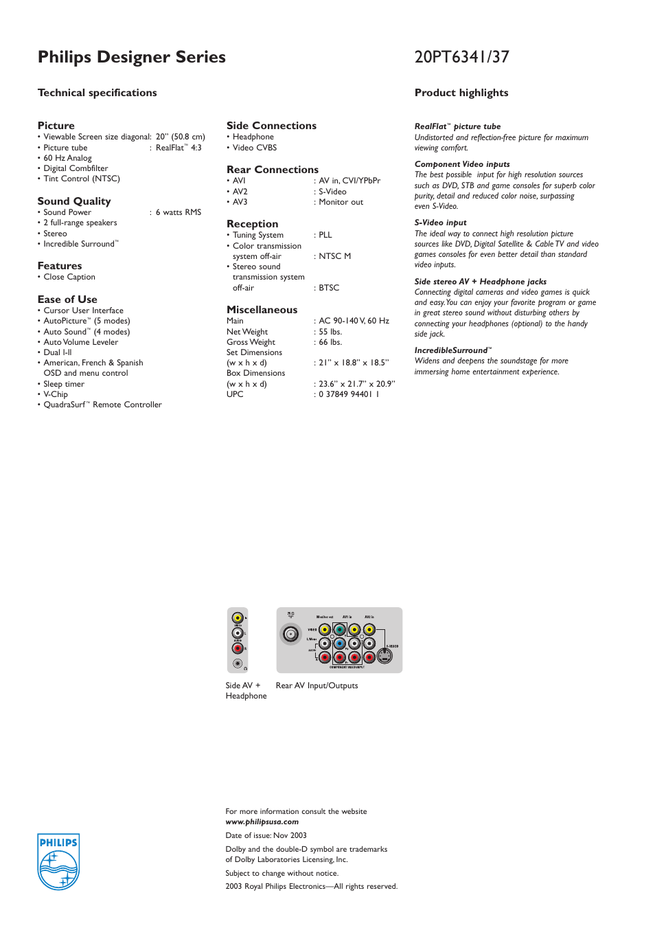 Picture, Sound quality, Features | Ease of use, Side connections, Rear connections, Reception, Miscellaneous, Technical specifications, Product highlights | Philips 20PT6337 User Manual | Page 2 / 2