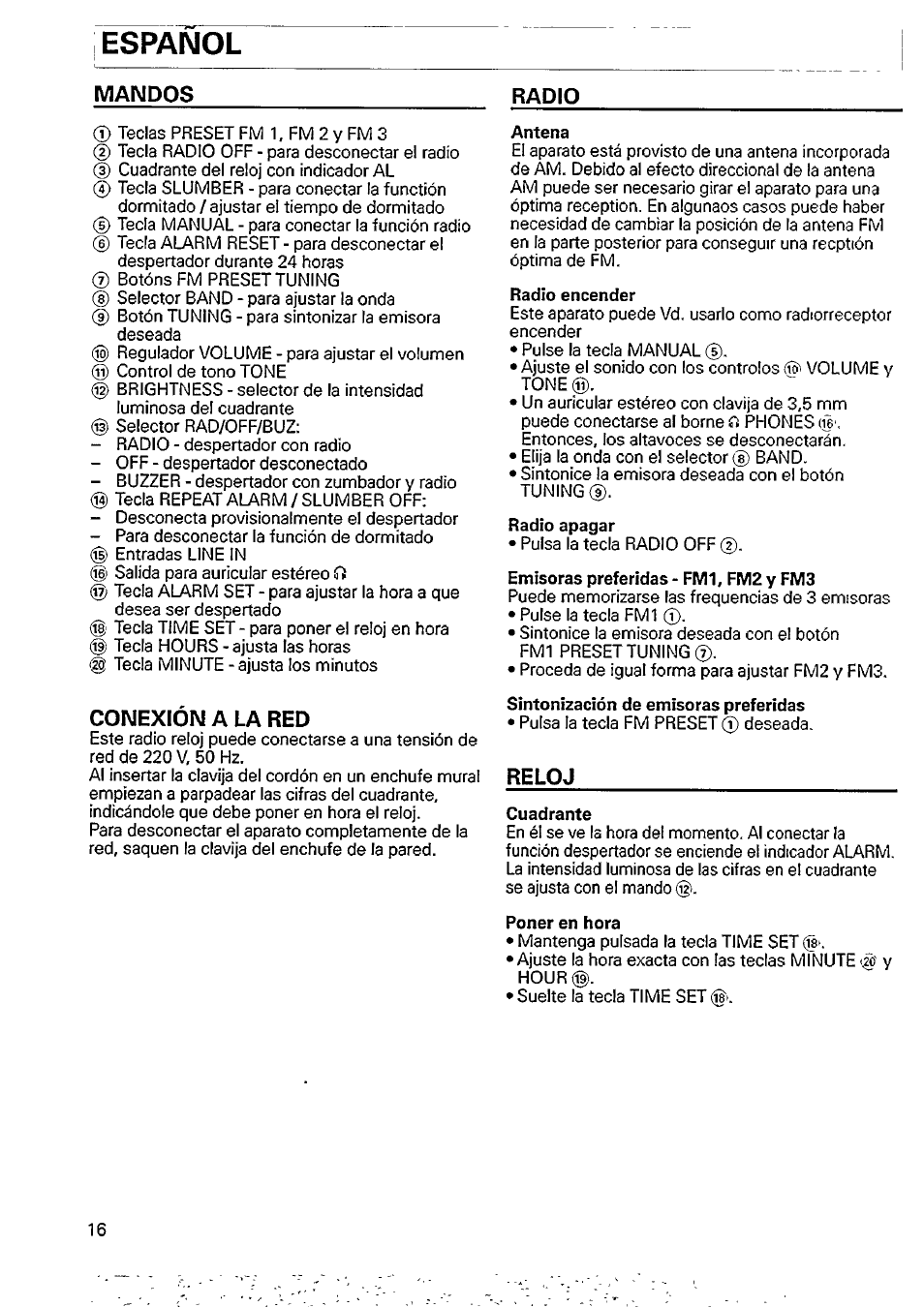 Español, Mandos, Conexion a la red | Reloj | Philips AJ3710 User Manual | Page 4 / 9