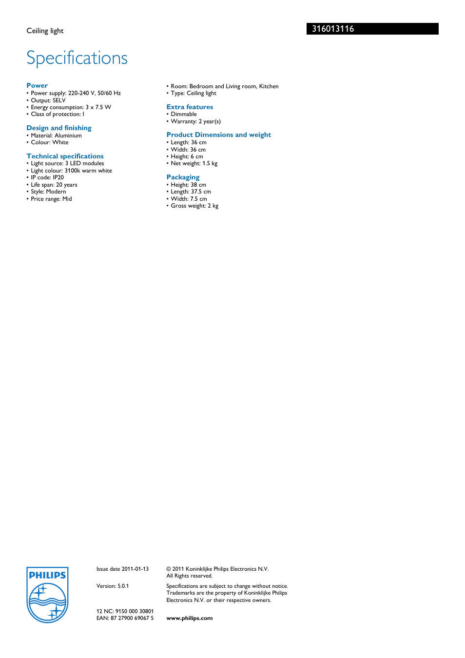 Ceiling light, Extra features, Product dimensions and weight | Packaging, Specifications, Philips | Philips Ledino 31601/31/16 User Manual | Page 2 / 2