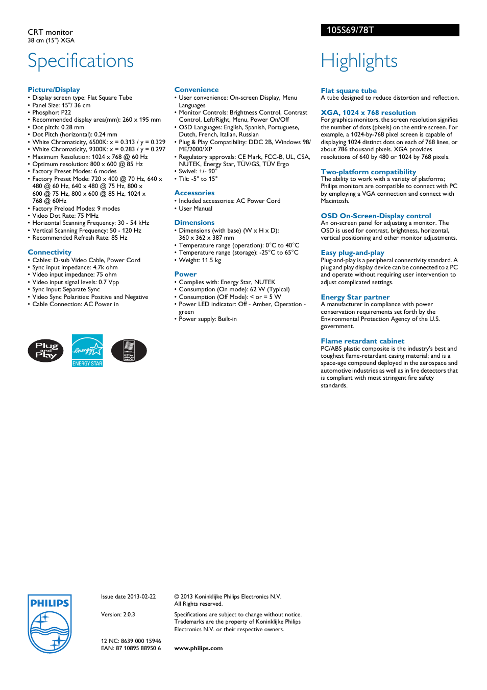 Specifications, Highlights | Philips 105S69 User Manual | Page 2 / 2