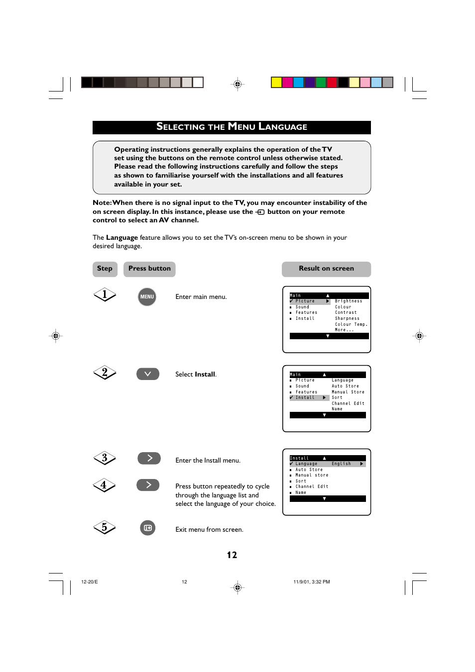 Electing, Anguage | Philips 21PT2252 User Manual | Page 12 / 37