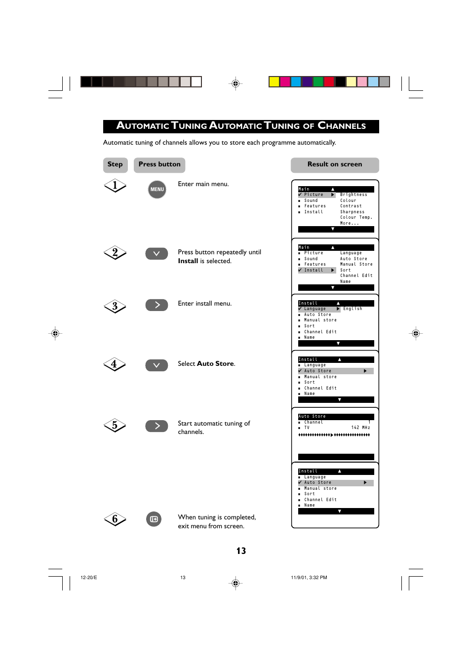 Utomatic, Uning, Hannels | Mstep press button result on screen | Philips 21PT2252 User Manual | Page 13 / 37