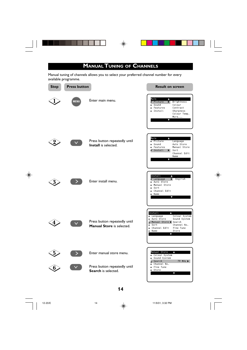 Anual, Uning, Hannels | Step press button result on screen | Philips 21PT2252 User Manual | Page 14 / 37