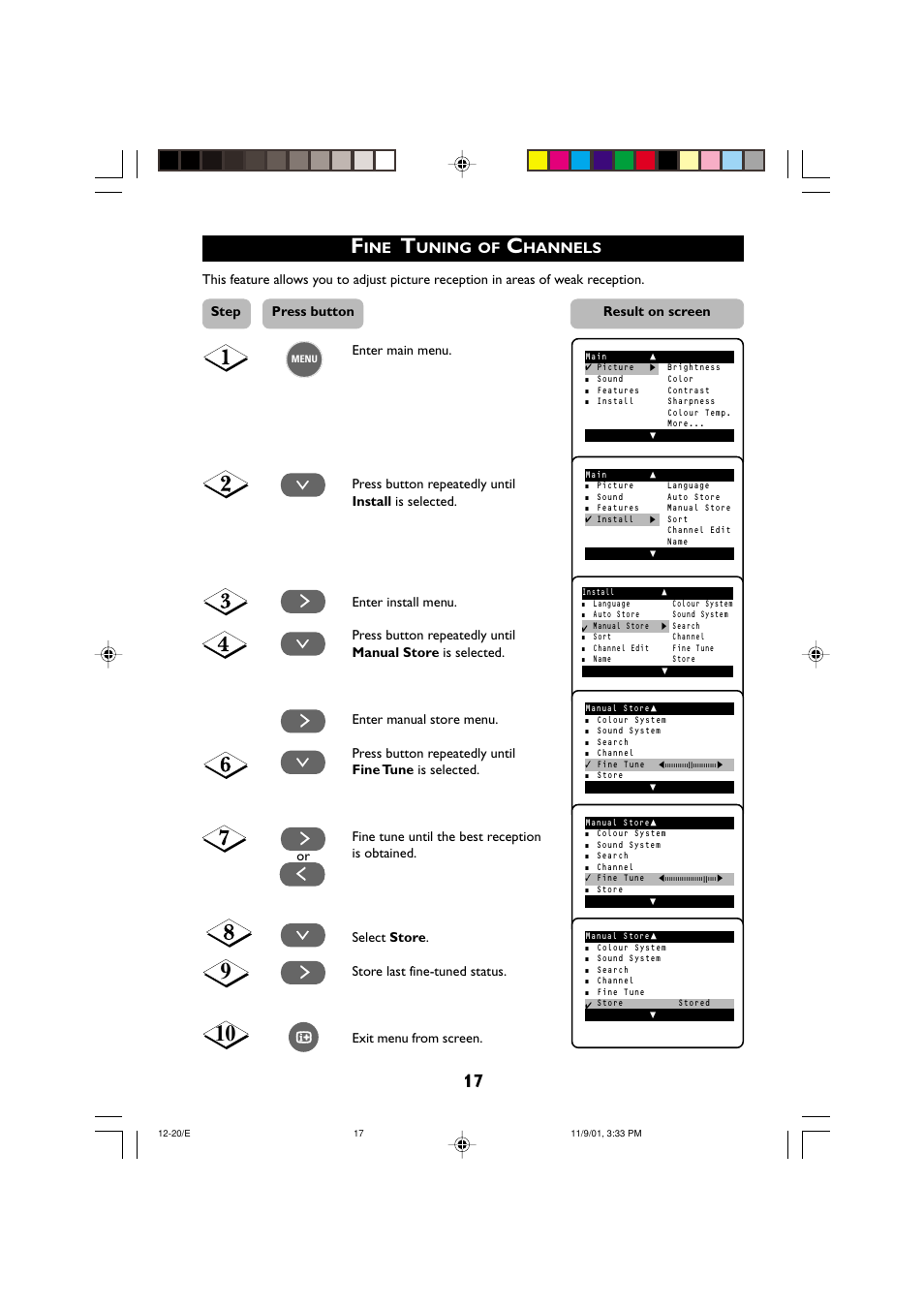 Uning, Hannels, Step press button result on screen | Philips 21PT2252 User Manual | Page 17 / 37
