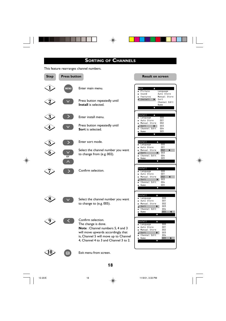 Orting, Hannels, Step press button result on screen | Philips 21PT2252 User Manual | Page 18 / 37