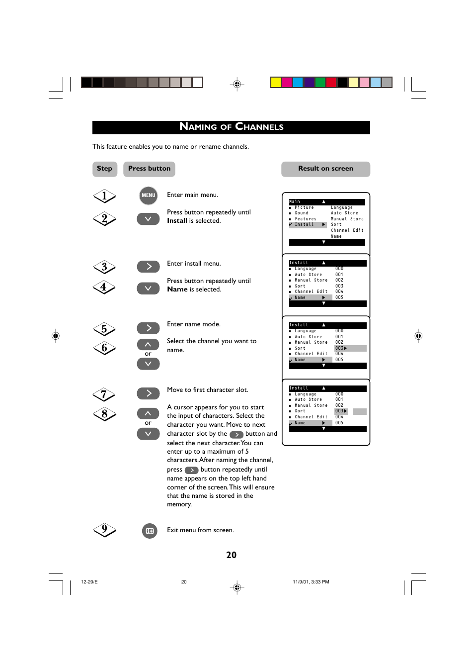 Aming, Hannels, Mstep press button result on screen | Philips 21PT2252 User Manual | Page 20 / 37