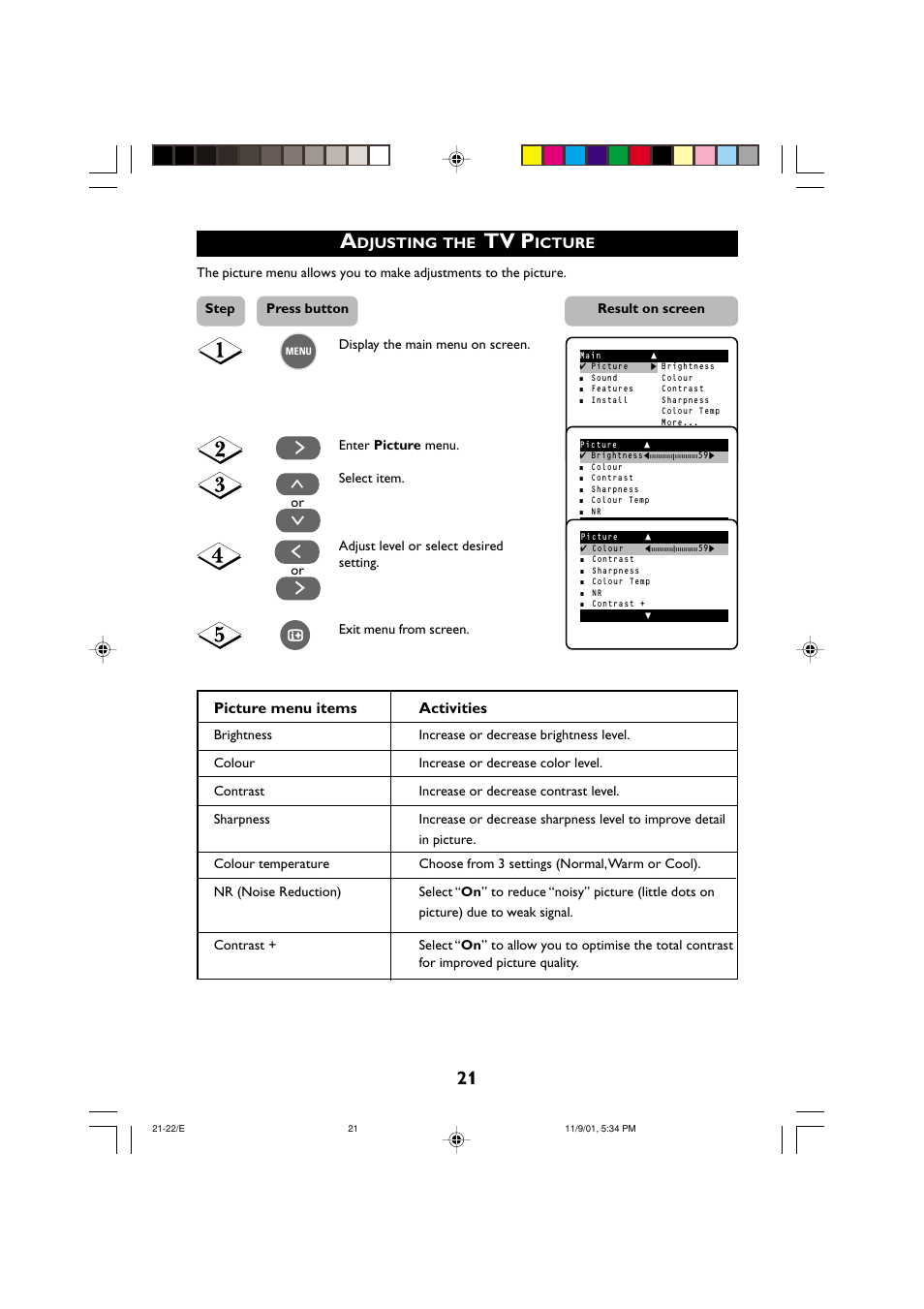 Tv p, Picture menu items activities, Djusting | Icture | Philips 21PT2252 User Manual | Page 21 / 37