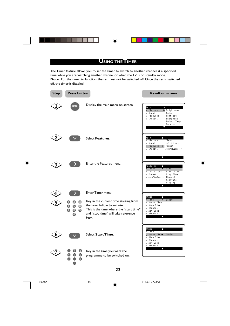 Sing, Imer, Step press button result on screen | Philips 21PT2252 User Manual | Page 23 / 37