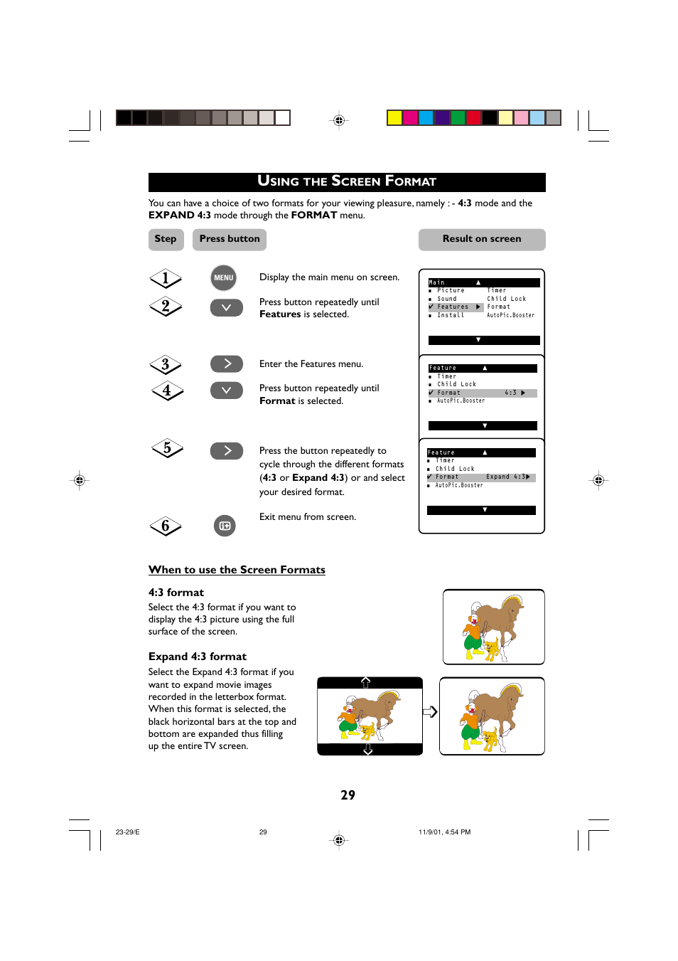 When to use the screen formats 4:3 format, Expand 4:3 format | Philips 21PT2252 User Manual | Page 29 / 37