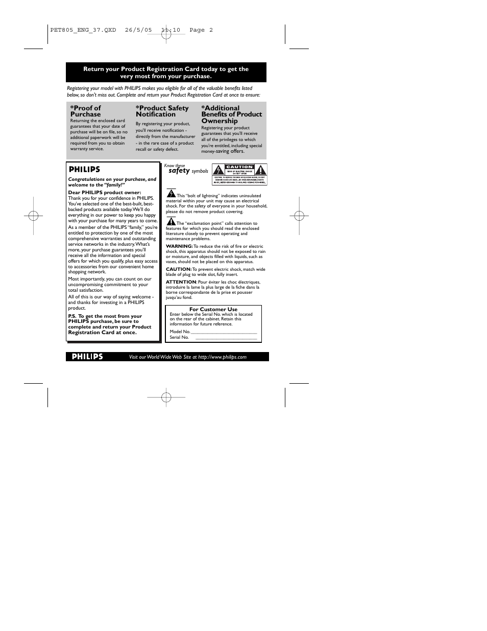 Safety | Philips PET805/37B User Manual | Page 2 / 31