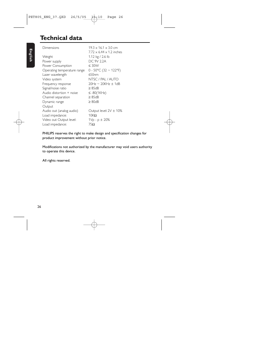 Technical data | Philips PET805/37B User Manual | Page 30 / 31