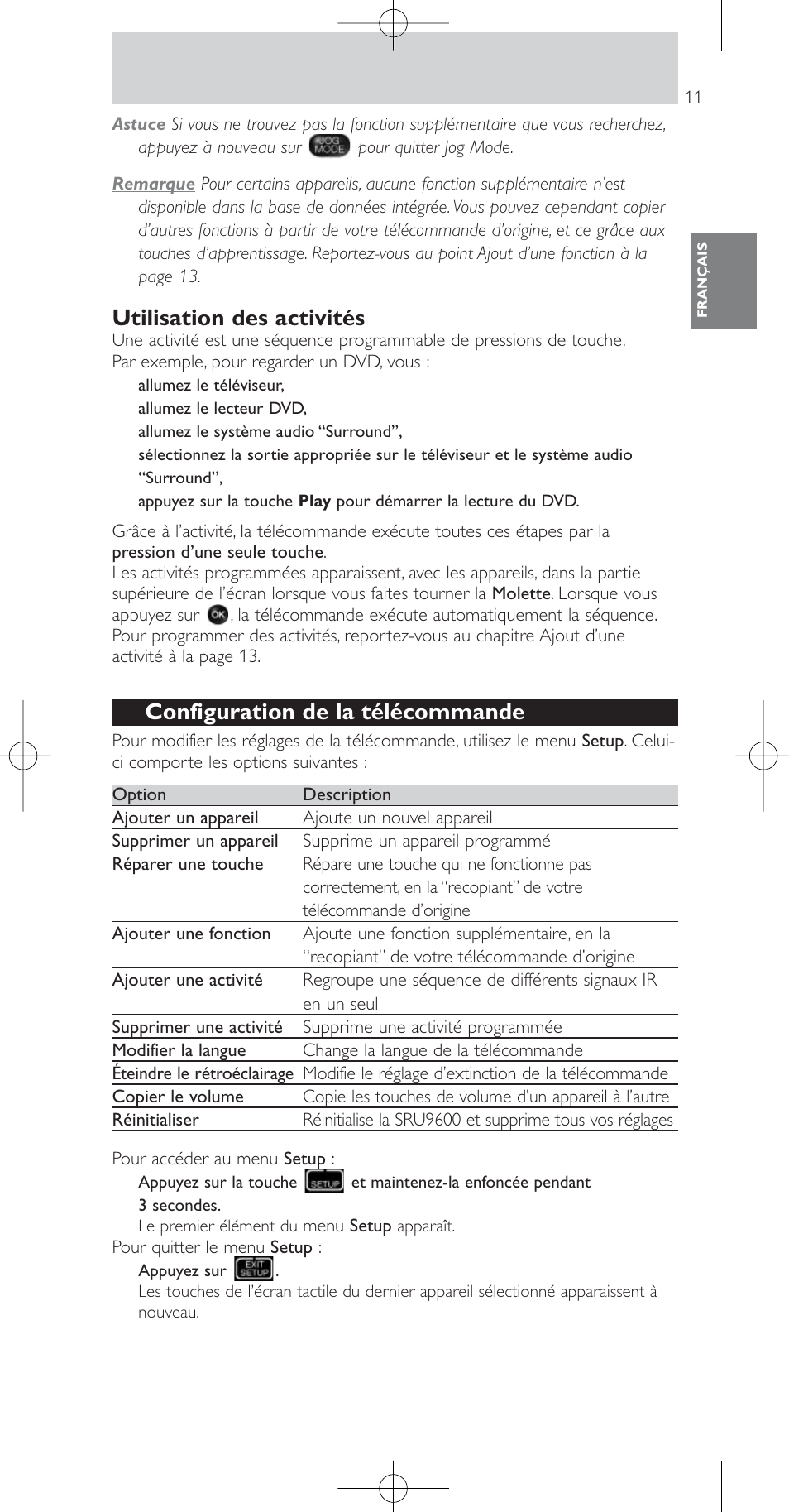 Utilisation des activités, Configuration de la télécommande | Philips SRU9600 User Manual | Page 11 / 24