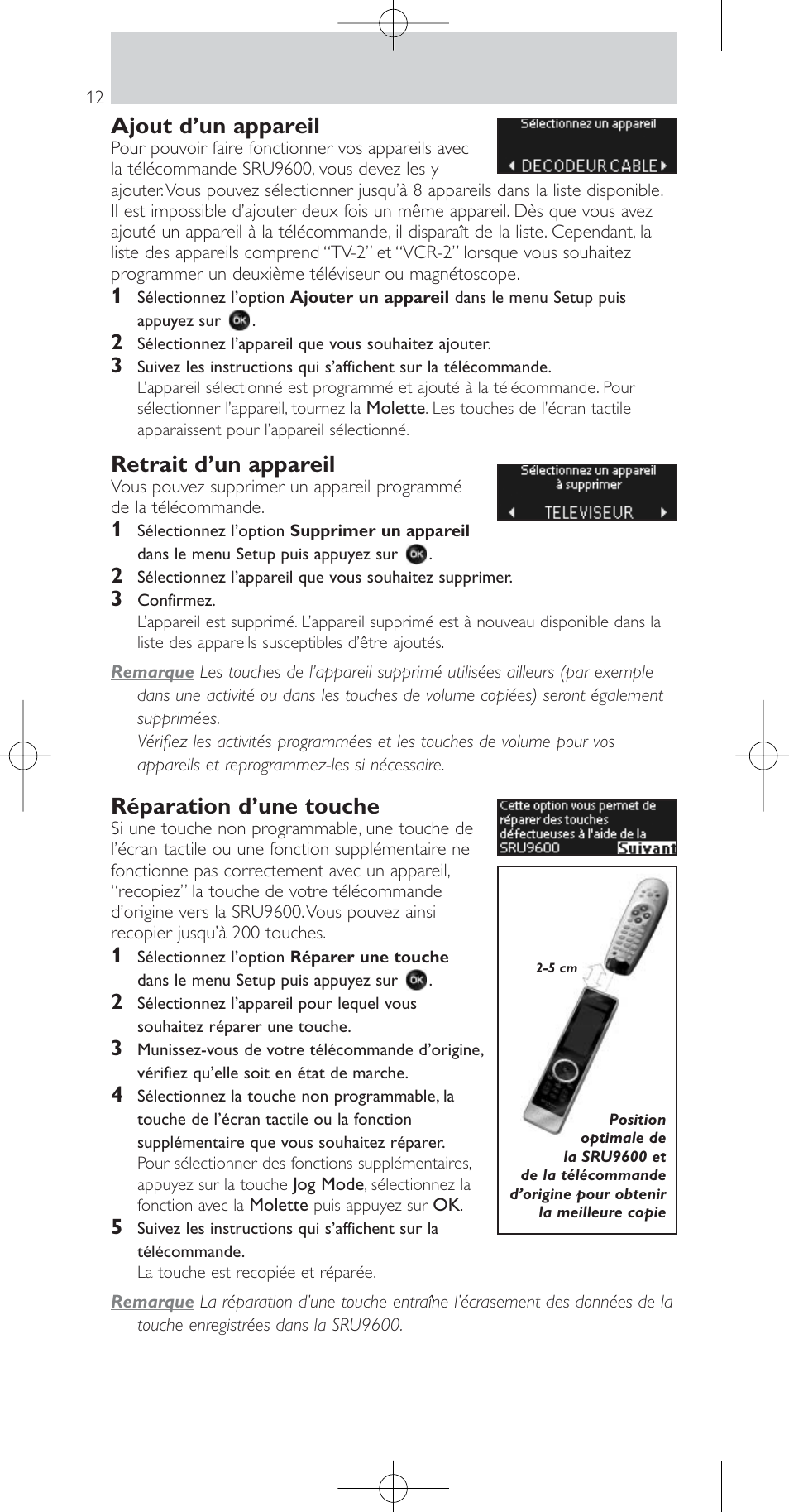 Ajout d’un appareil, Retrait d’un appareil, Réparation d’une touche | Philips SRU9600 User Manual | Page 12 / 24