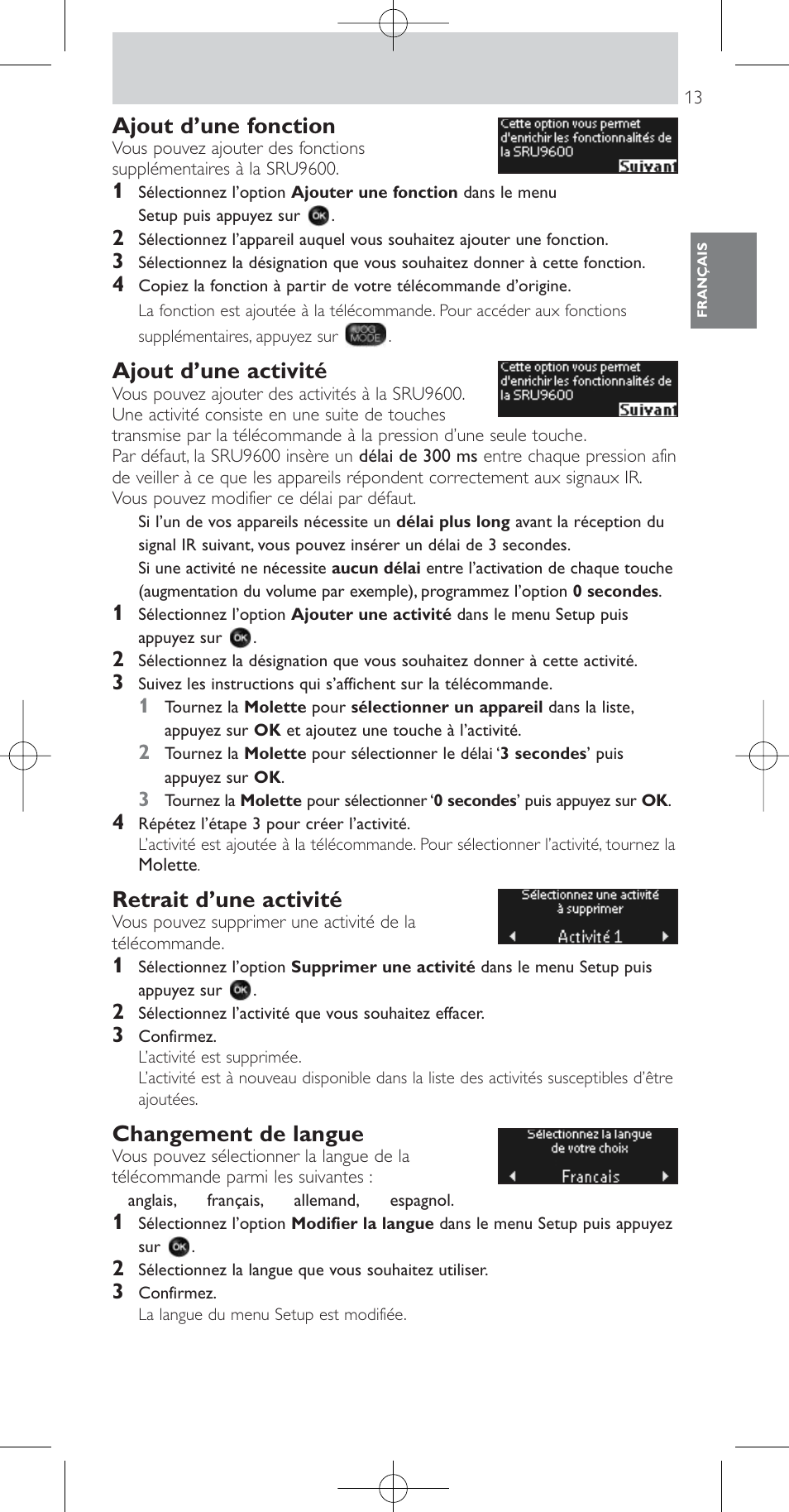 Ajout d’une fonction, Ajout d’une activité, Retrait d’une activité | Changement de langue | Philips SRU9600 User Manual | Page 13 / 24