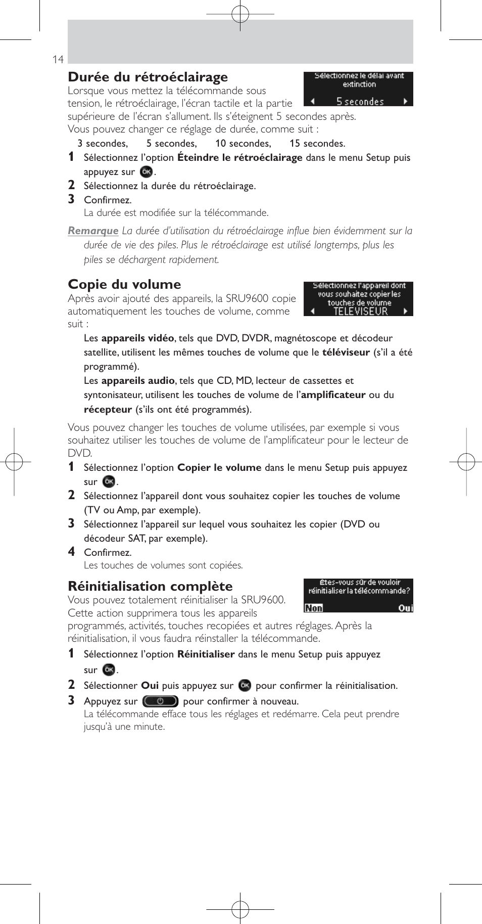 Durée du rétroéclairage, Copie du volume, Réinitialisation complète | Philips SRU9600 User Manual | Page 14 / 24