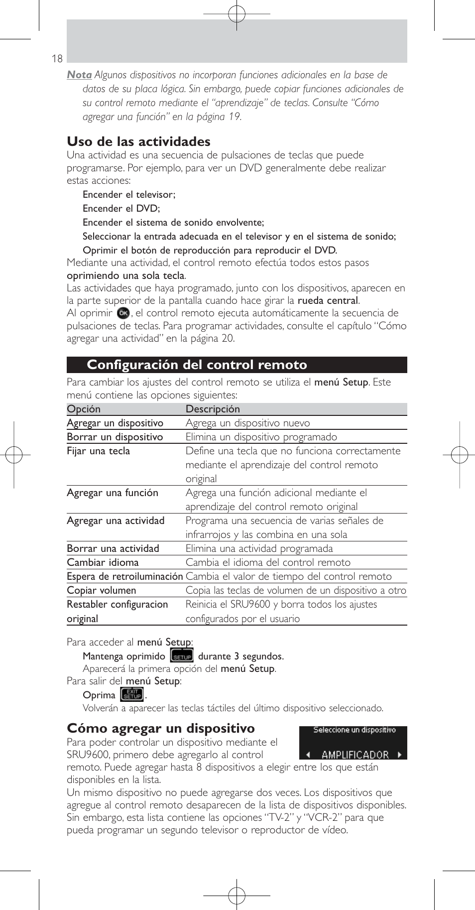 Uso de las actividades, Configuración del control remoto, Cómo agregar un dispositivo | Philips SRU9600 User Manual | Page 18 / 24