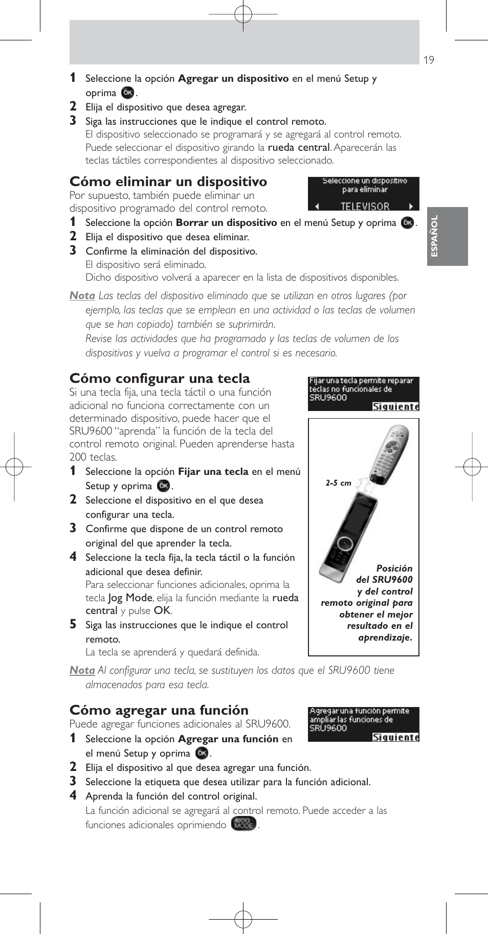 Cómo eliminar un dispositivo, Cómo configurar una tecla, Cómo agregar una función | Philips SRU9600 User Manual | Page 19 / 24