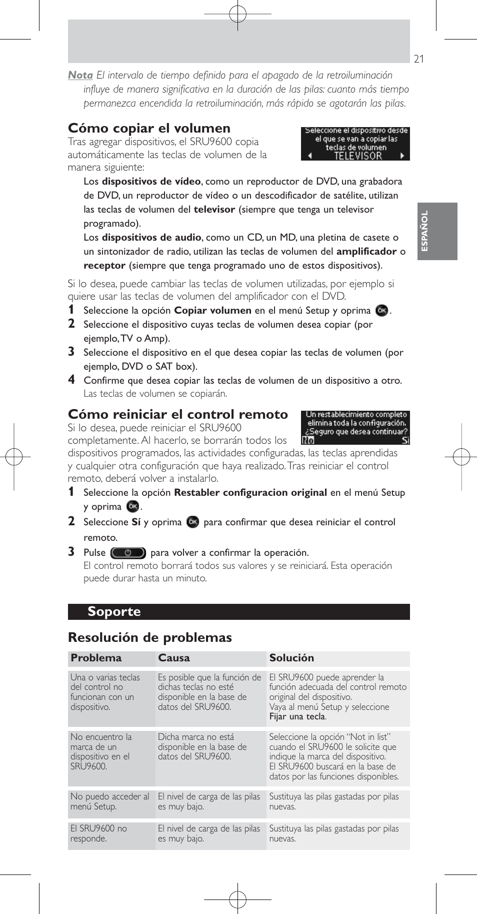 Cómo copiar el volumen, Cómo reiniciar el control remoto, Soporte resolución de problemas | Philips SRU9600 User Manual | Page 21 / 24