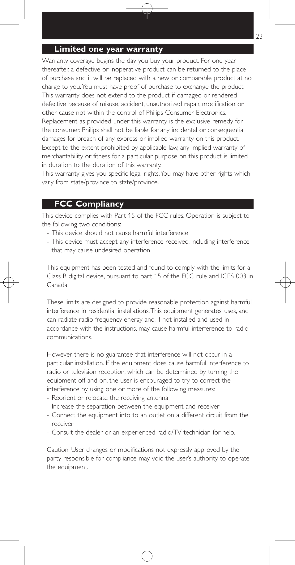 Limited one year warranty, Fcc compliancy | Philips SRU9600 User Manual | Page 23 / 24