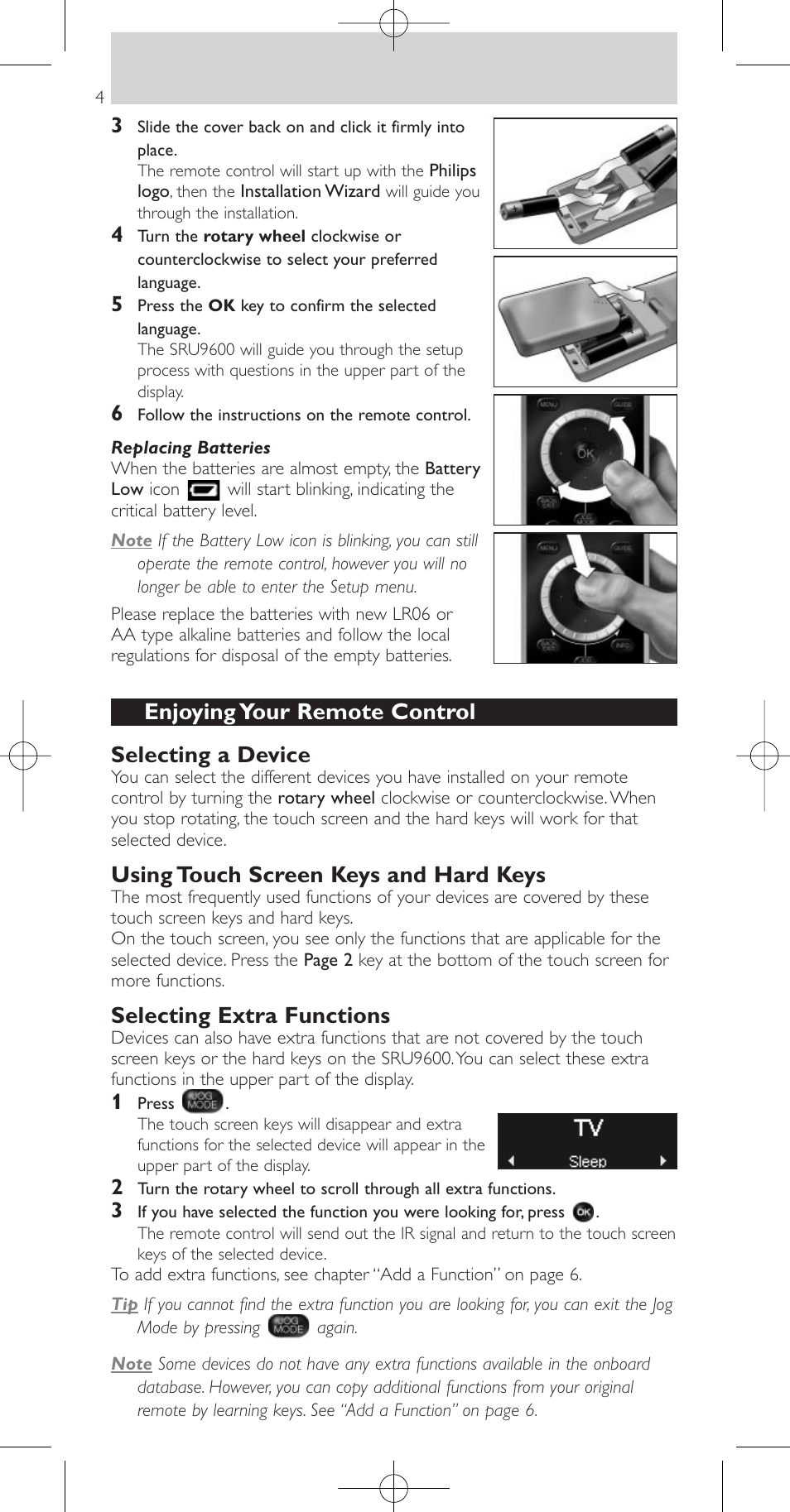 Enjoying your remote control selecting a device, Using touch screen keys and hard keys, Selecting extra functions | Philips SRU9600 User Manual | Page 4 / 24