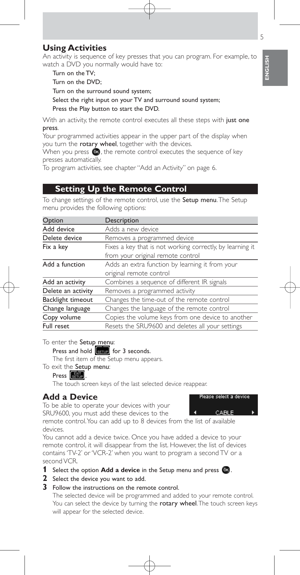 Using activities, Setting up the remote control, Add a device | Philips SRU9600 User Manual | Page 5 / 24