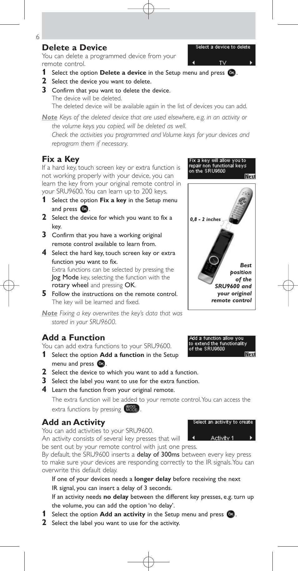 Delete a device, Fix a key, Add a function | Add an activity | Philips SRU9600 User Manual | Page 6 / 24