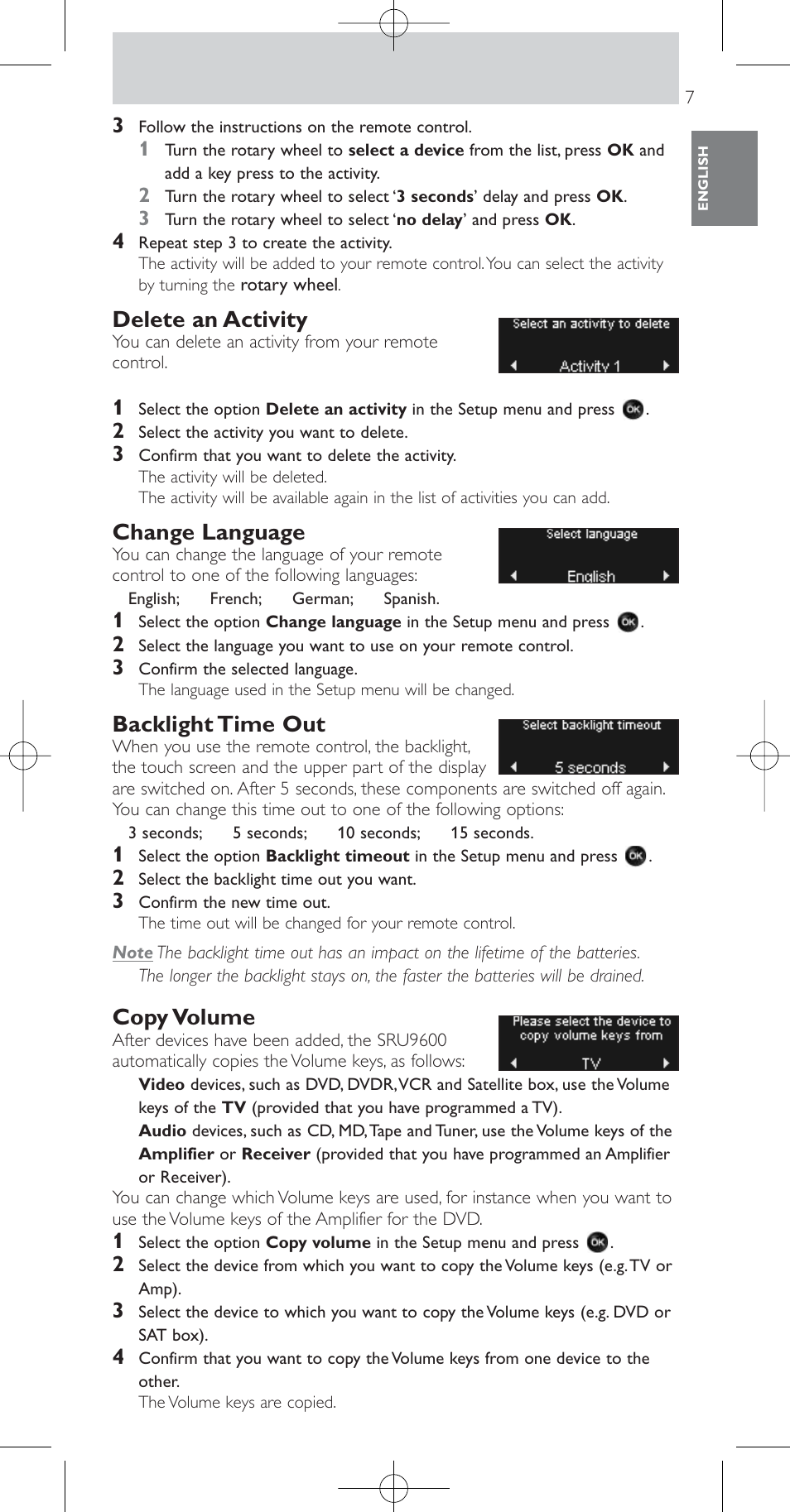 Delete an activity, Change language, Backlight time out | Copy volume | Philips SRU9600 User Manual | Page 7 / 24