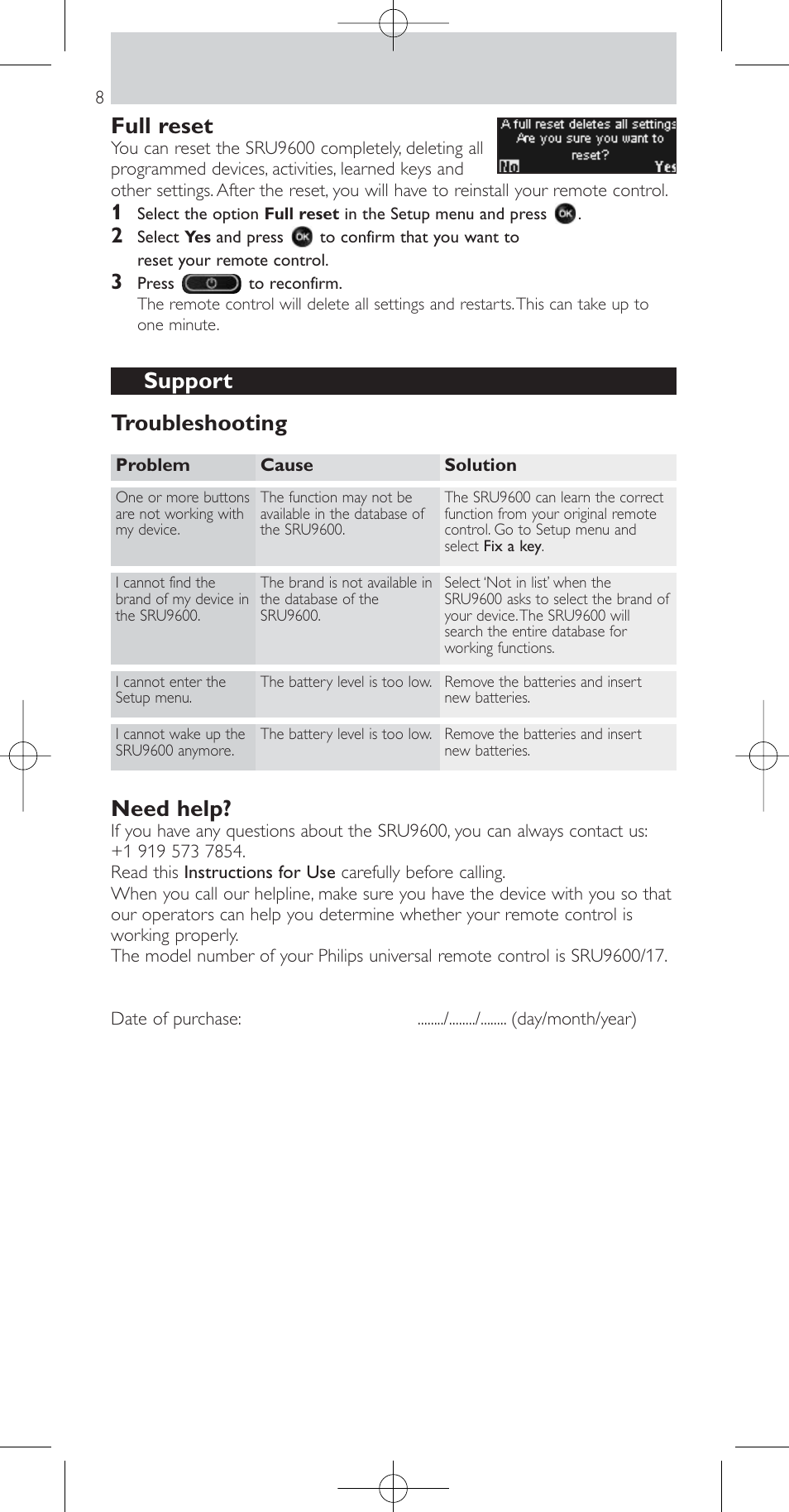 Full reset, Support troubleshooting, Need help | Philips SRU9600 User Manual | Page 8 / 24