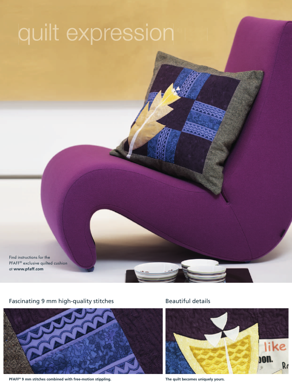Fascinating 9 mm high-quality stitches, Beautiful details | Pfaff Quilt Expressions 4.0 User Manual | Page 2 / 6