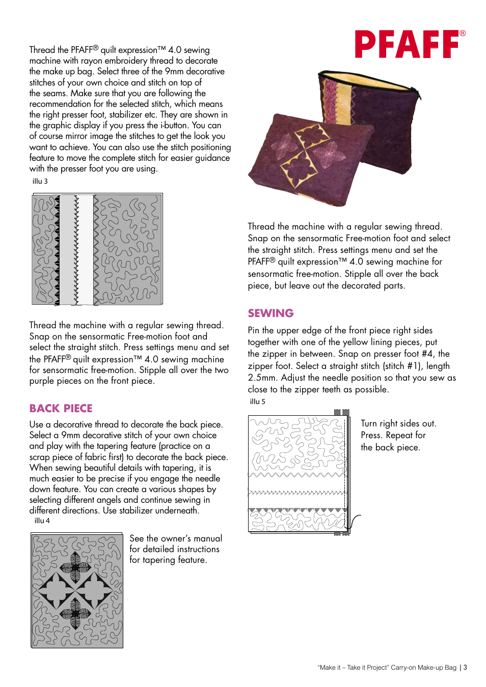 Back piece, Sewing | Pfaff QUILT EXPRESSION 4 User Manual | Page 3 / 4