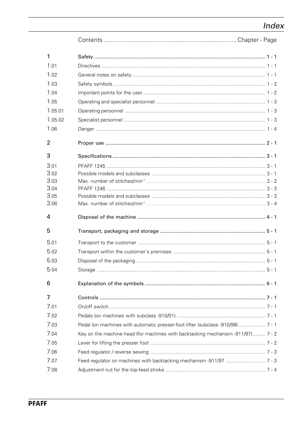 Index | Pfaff 1246 User Manual | Page 3 / 82