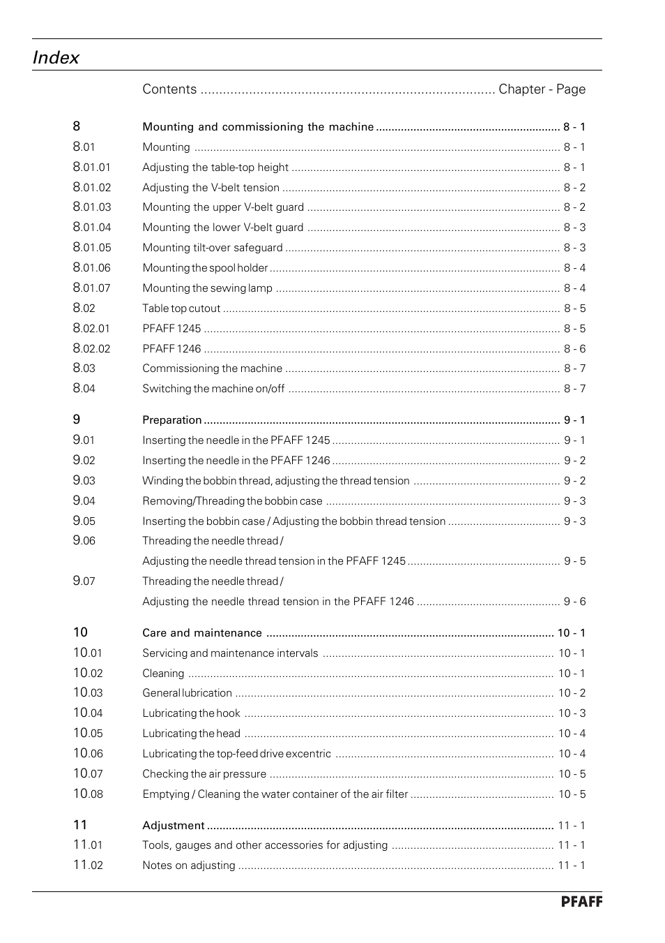 Index | Pfaff 1246 User Manual | Page 4 / 82