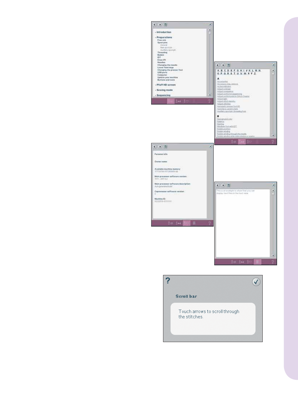 Info menu, Quick help | Pfaff Embroidery Machines User Manual | Page 13 / 14